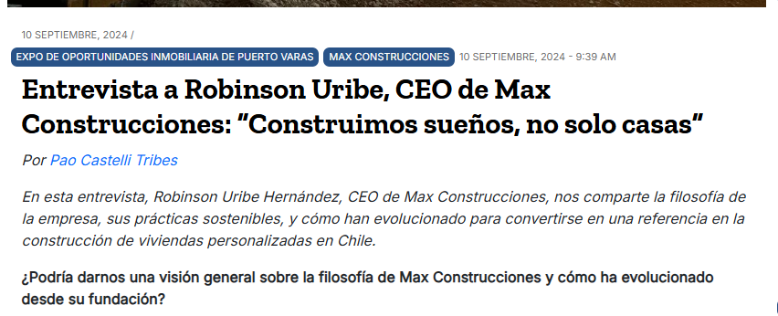 Entrevista a Robinson Uribe, CEO de Max Construcciones, en El Diario Inmobiliario